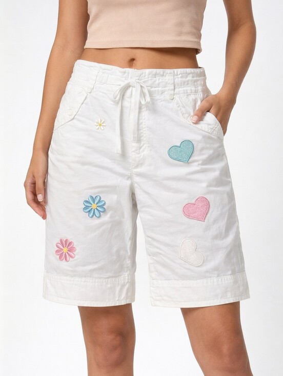 Upcycled Pants - White Embroidered Patch Shorts Boho Hearts Flowers | Summer Casual Women C1000